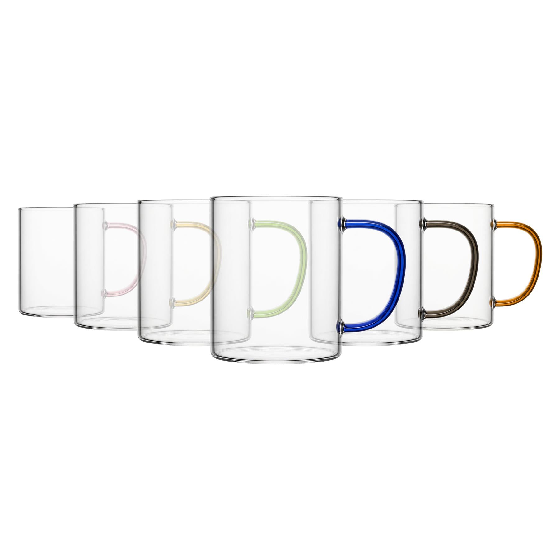 6 Piece 280ml Glass Mugs Set - Coloured Handle