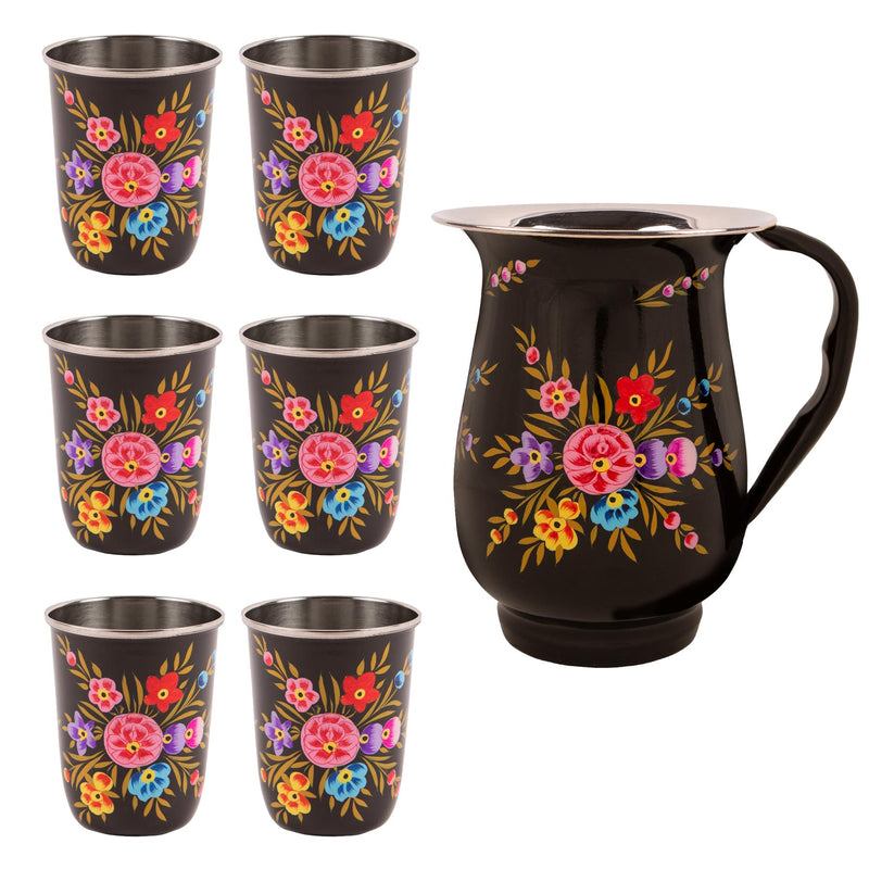 Pansy 1.7L Hand-Painted Picnic Water Jug with 300ml Tumblers Set - By BillyCan