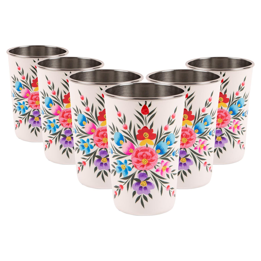 Cotton 400ml Pansy Hand-Painted Stainless Steel Picnic Cups - Pack of 6