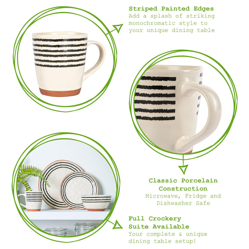 360ml Striped Rim Stoneware Coffee Mugs - Pack of 4 - By Nicola Spring