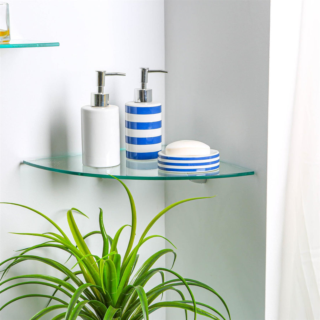 30cm Floating Glass Bathroom Corner Shelves with Black Brackets - Pack of 3