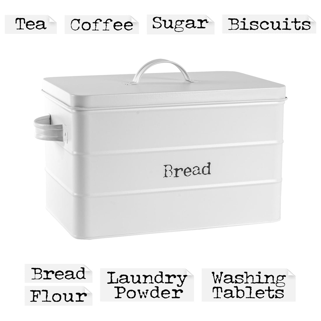 White 15L Vintage Metal Bread Bin with Labels