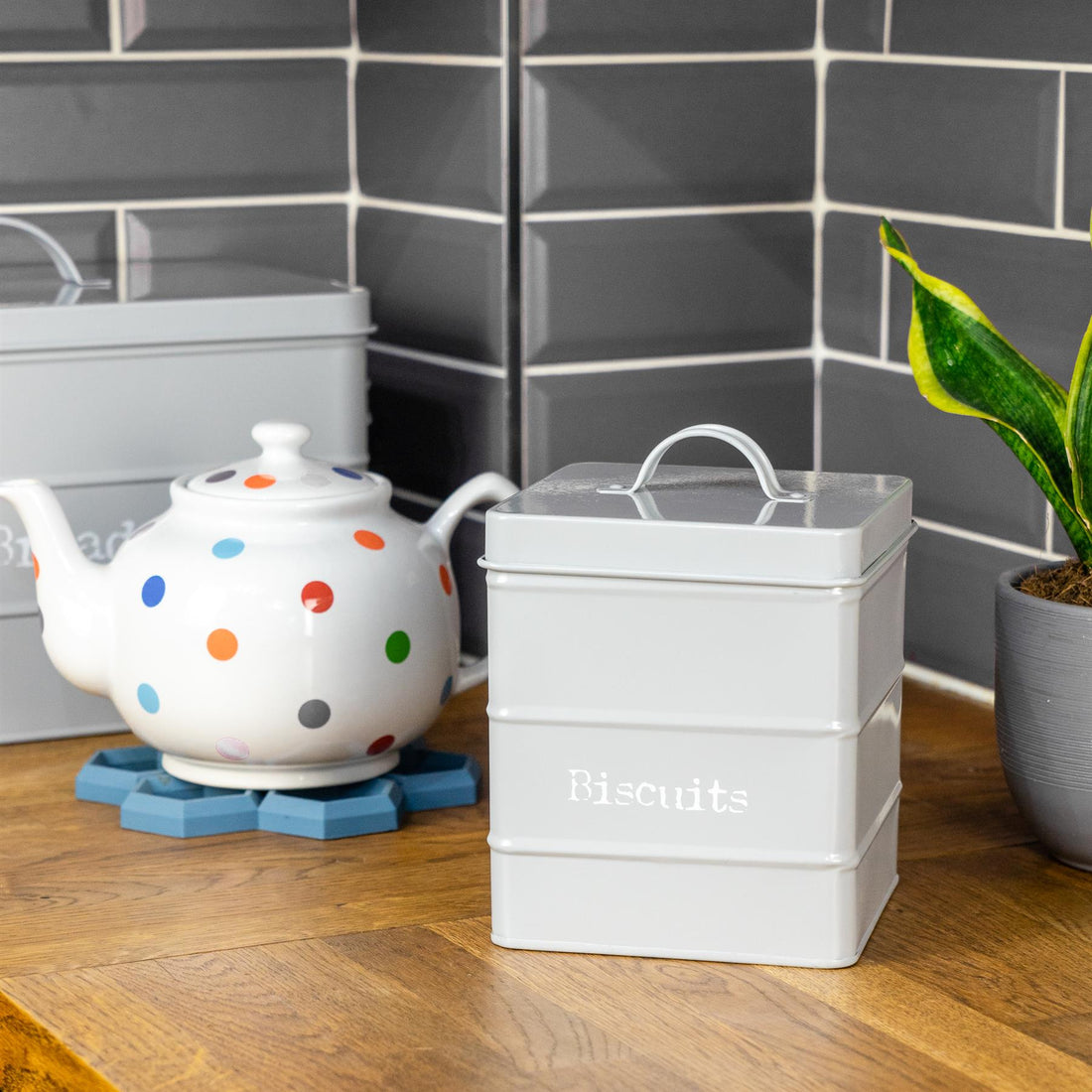 Grey 3.5L Vintage Metal Tea, Coffee &amp; Sugar Canister with Labels