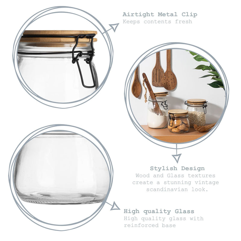 1L Glass Storage Jars with Wooden Clip Lid - Pack of 3 - By Argon Tableware