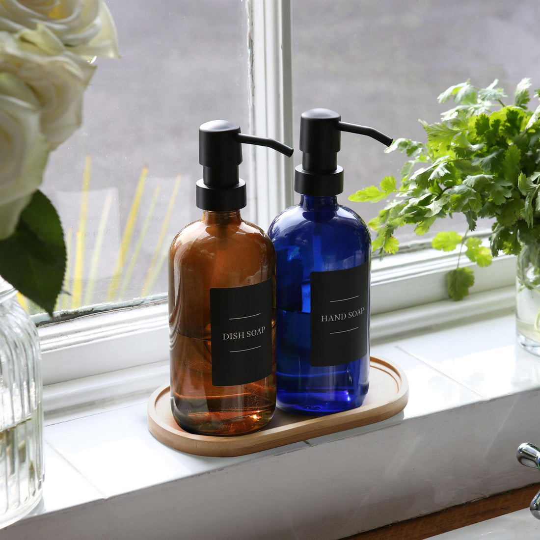 500ml 2-Piece Glass Soap Dispenser Set with Bamboo Tray &amp; Labels - Amber &amp; Black