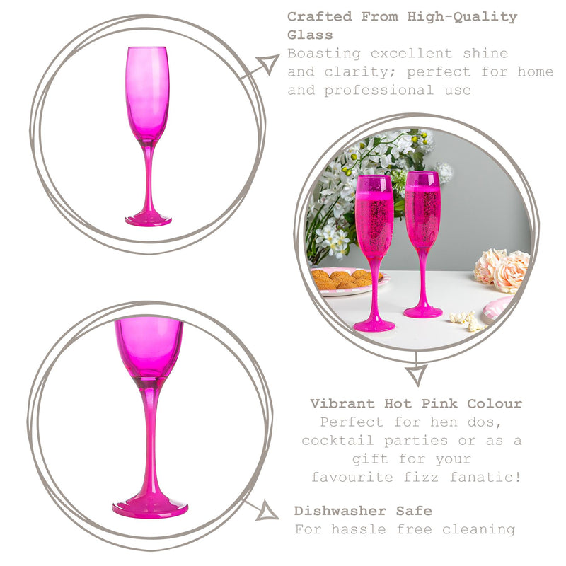 220ml Glass Champagne Flutes - Pink - Pack of Six - By Argon Tableware