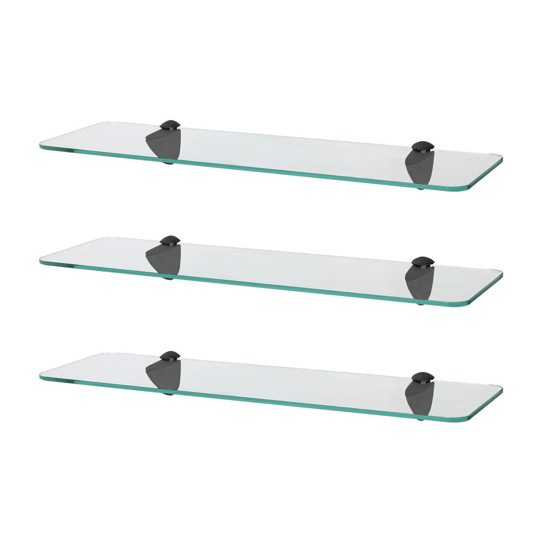 50cm Rounded Floating Glass Bathroom Shelves with Black Brackets - Pack of 3