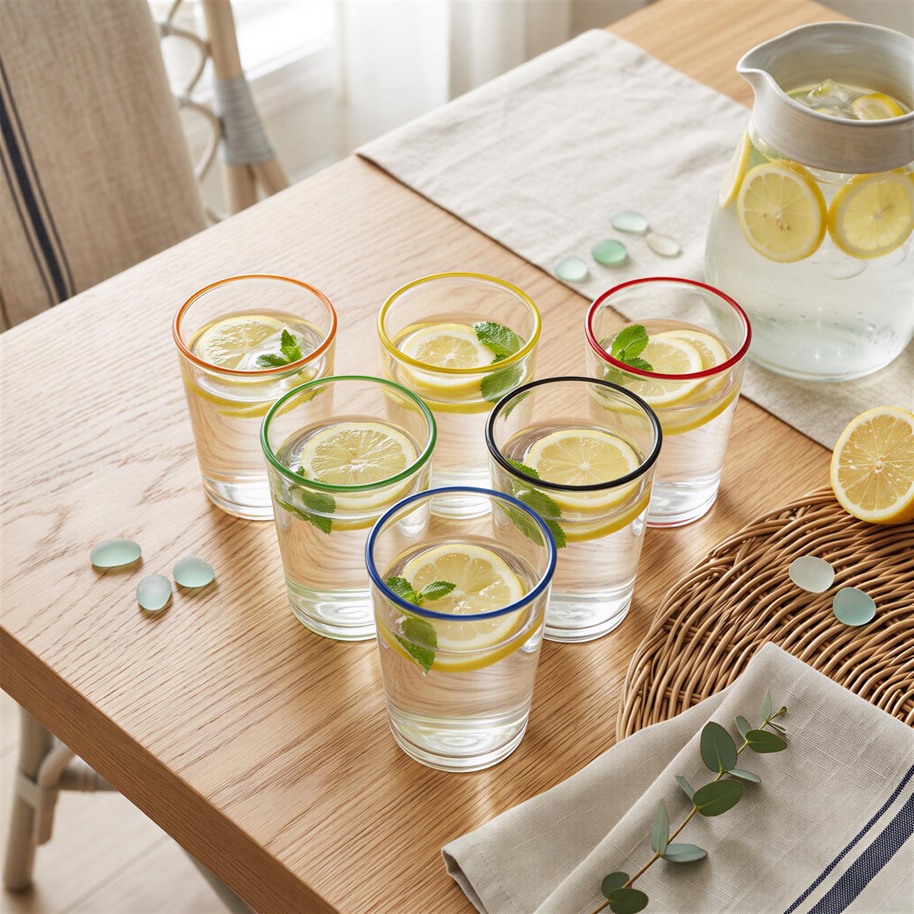6 Piece 250ml Glass Tumblers Set - Coloured Rim