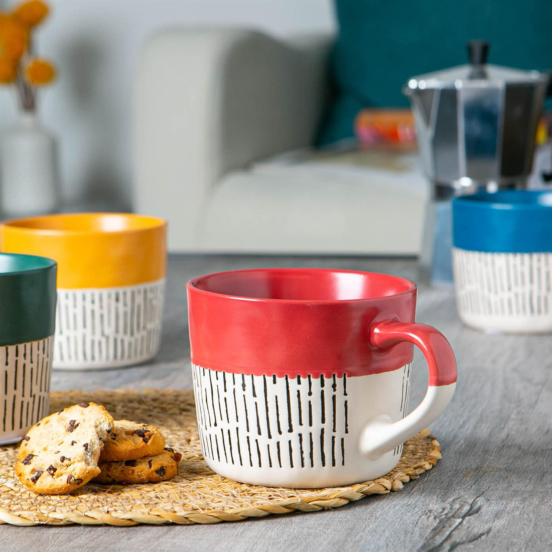 450ml Red Two-Tone Dash Stoneware Coffee Mugs - Pack of 6