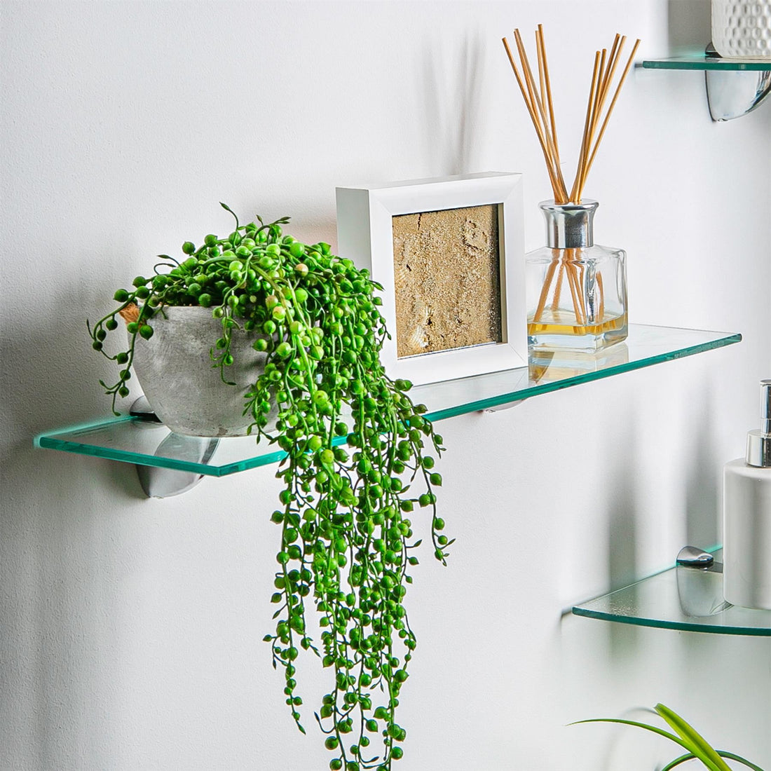 60cm Floating Glass Bathroom Shelves with Gold Brackets - Pack of 2