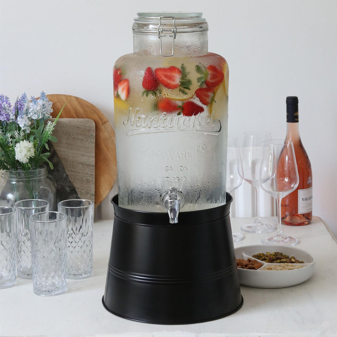 8.7L Glass Drinks Dispenser with Tap &amp; Black Stand Bucket Stand