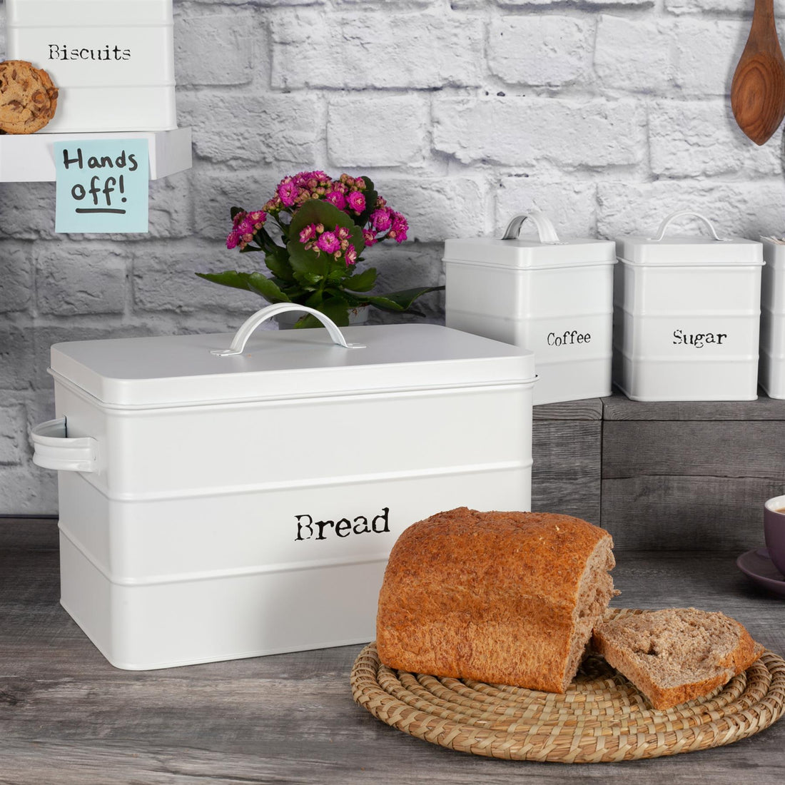 White 15L Vintage Metal Bread Bin with Labels