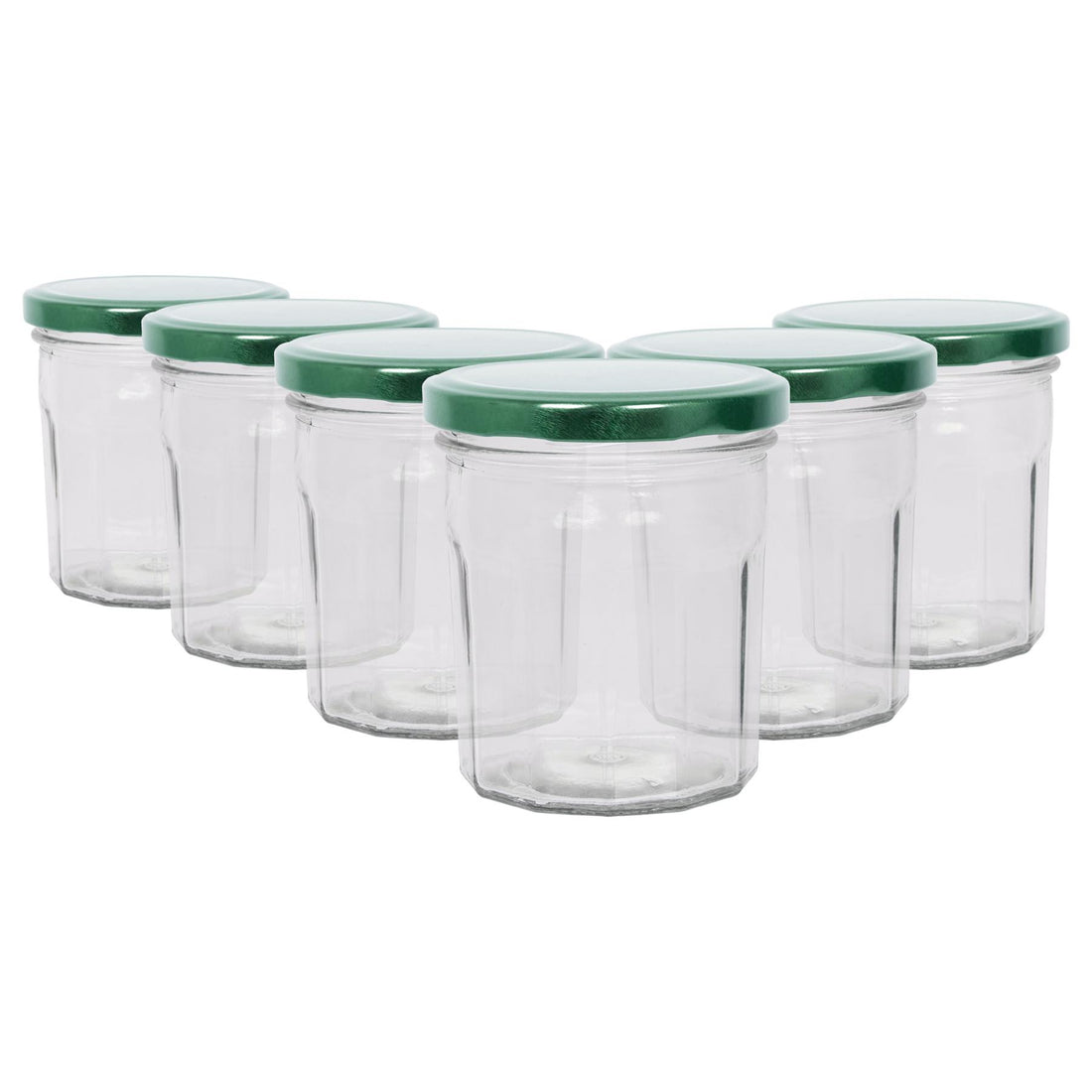 250ml Octagonal Glass Jam Jars with Green Screw-Top Lids - Pack of 6