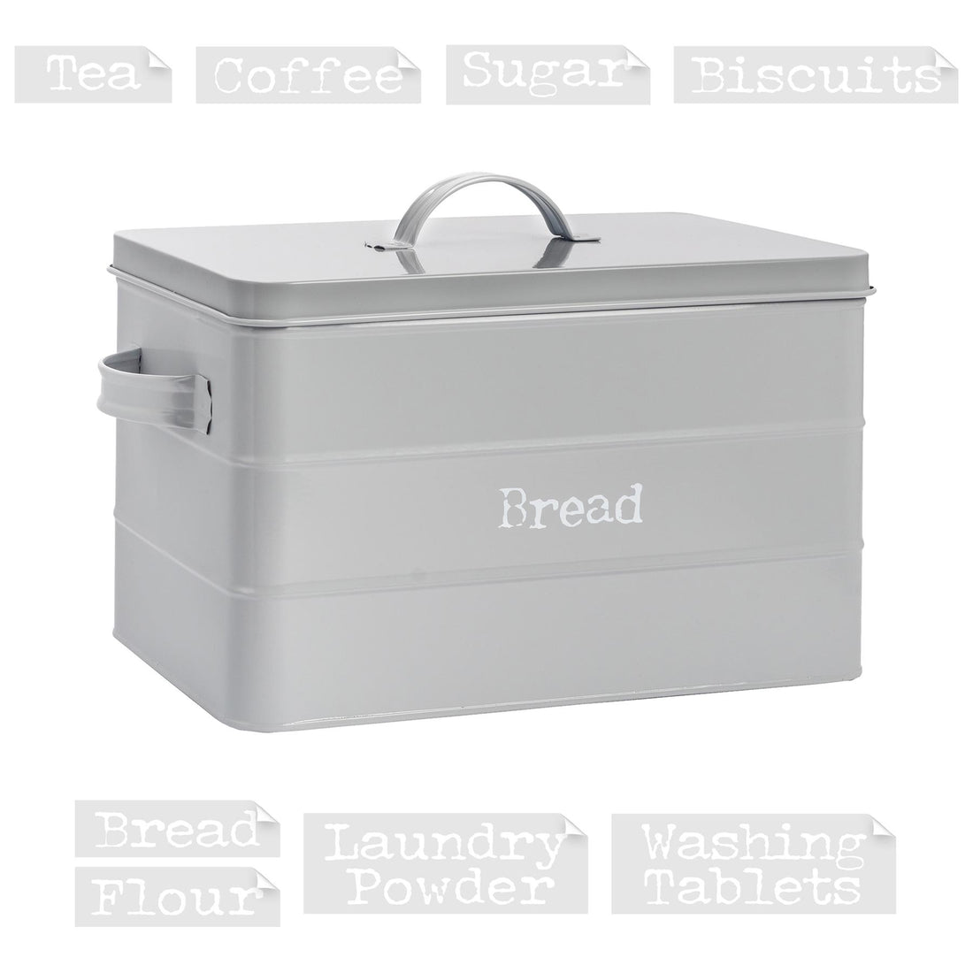 Grey 15L Vintage Metal Bread Bin with Labels