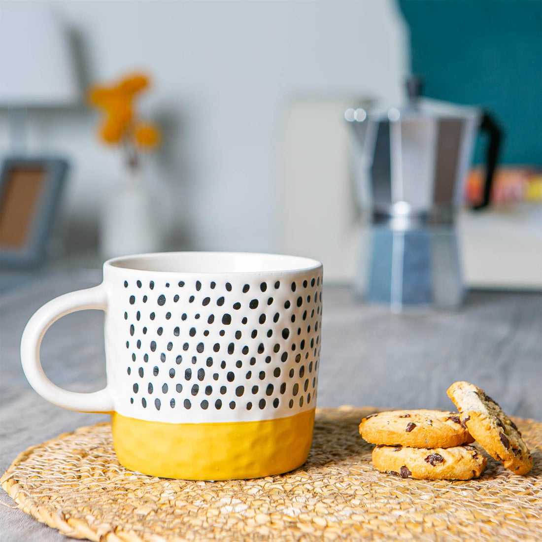 385ml Mustard Two-Tone Polka Dot Stoneware Coffee Mug