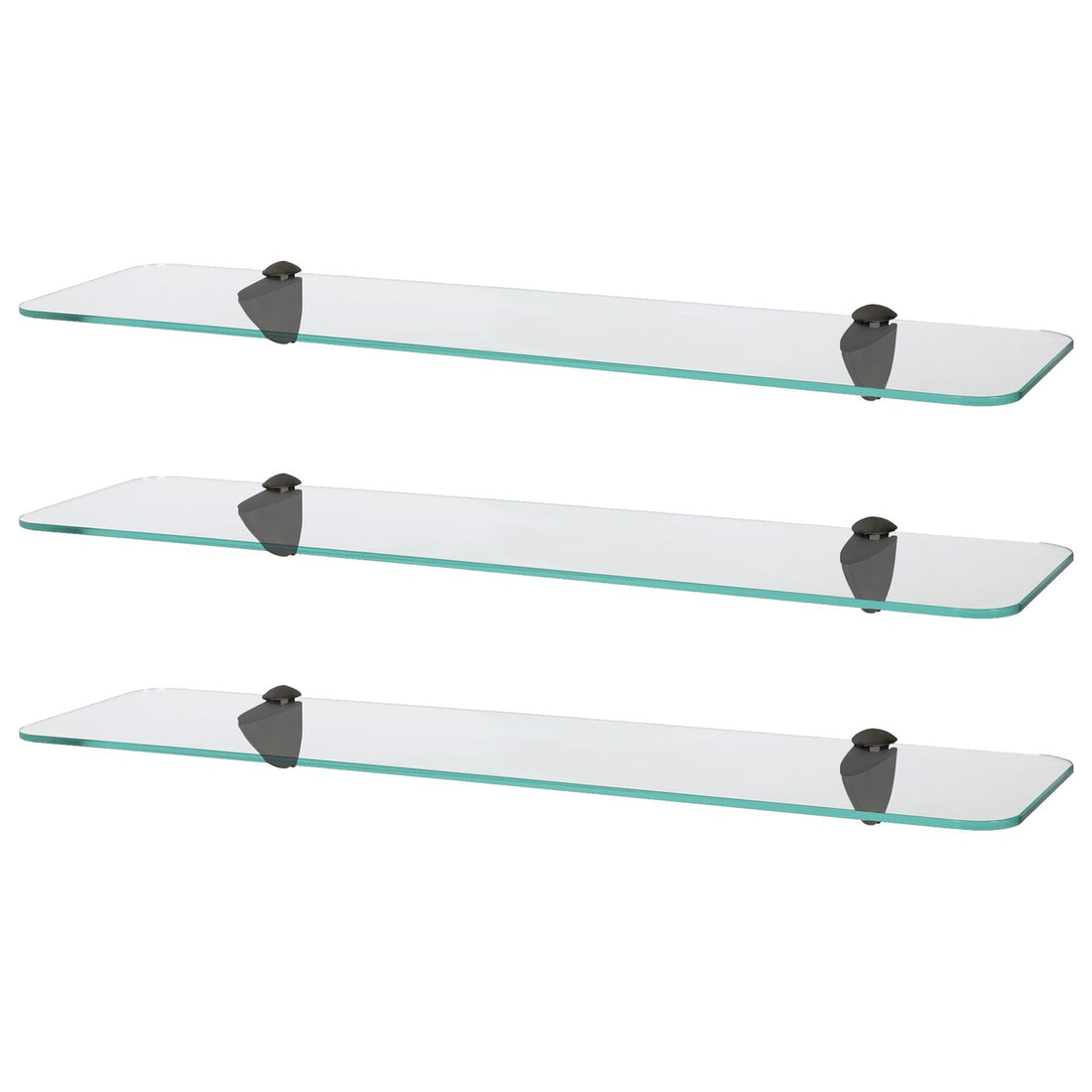 60cm Rounded Floating Glass Bathroom Shelves with Black Brackets - Pack of 3