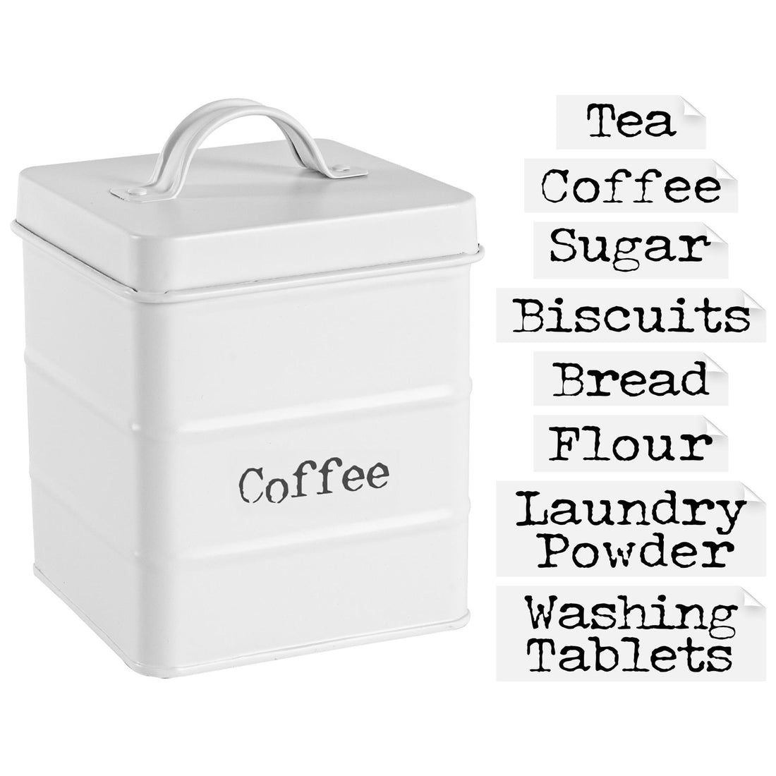 White 2L Vintage Metal Tea, Coffee &amp; Sugar Canister with Labels