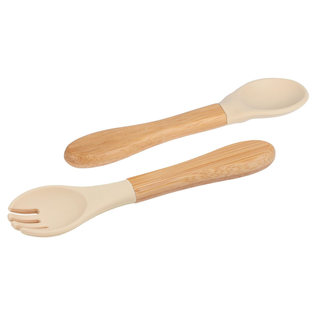 2-Piece Bamboo Baby Weaning Fork &amp; Spoon Set with Beige Silicone Tips