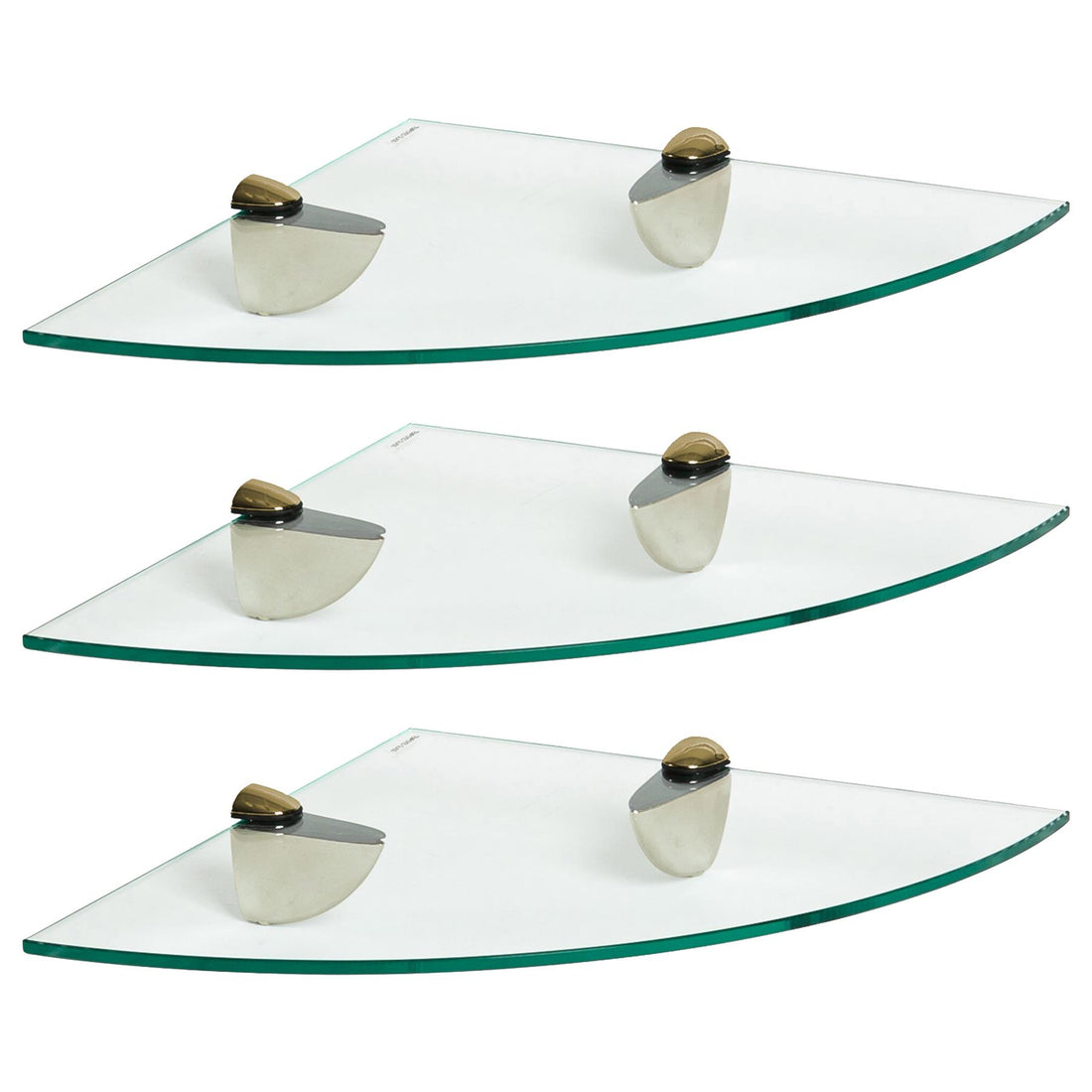 30cm Floating Glass Bathroom Corner Shelves with Gold Brackets - Pack of 3