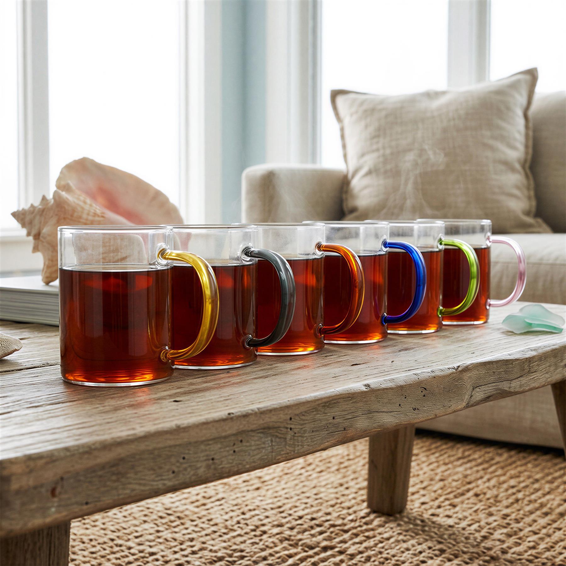 6 Piece 280ml Glass Mugs Set - Coloured Handle