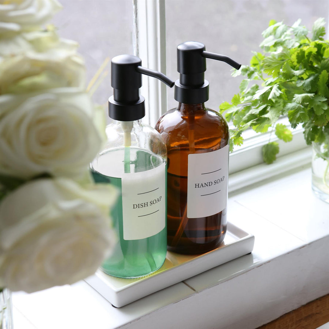 500ml 2-Piece Glass Soap Dispenser Set with Ceramic Tray &amp; Labels - Clear &amp; White