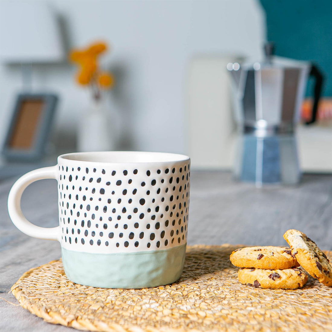 385ml Blue Two-Tone Polka Dot Stoneware Coffee Mug