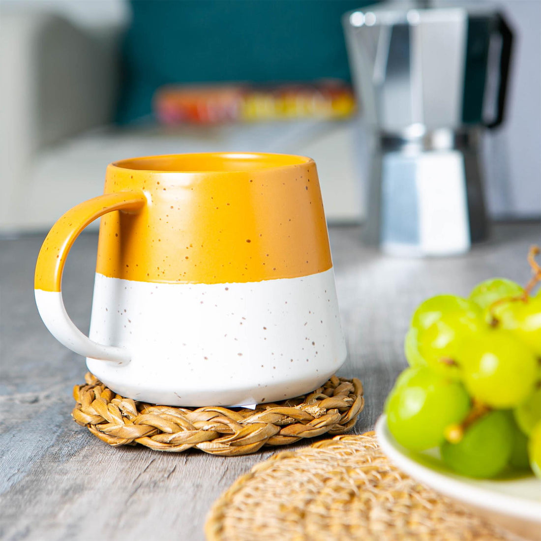 370ml Mustard Two-Tone Flecked Stoneware Belly Mug