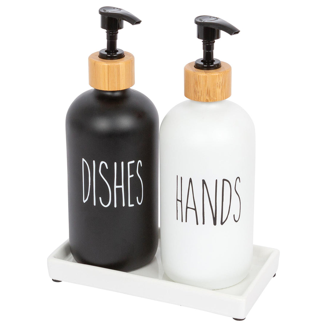 2pc Glass Hand &amp; Dish Soap Dispenser Set with Ceramic Tray - 500ml - White/Black - By Harbour Housewares