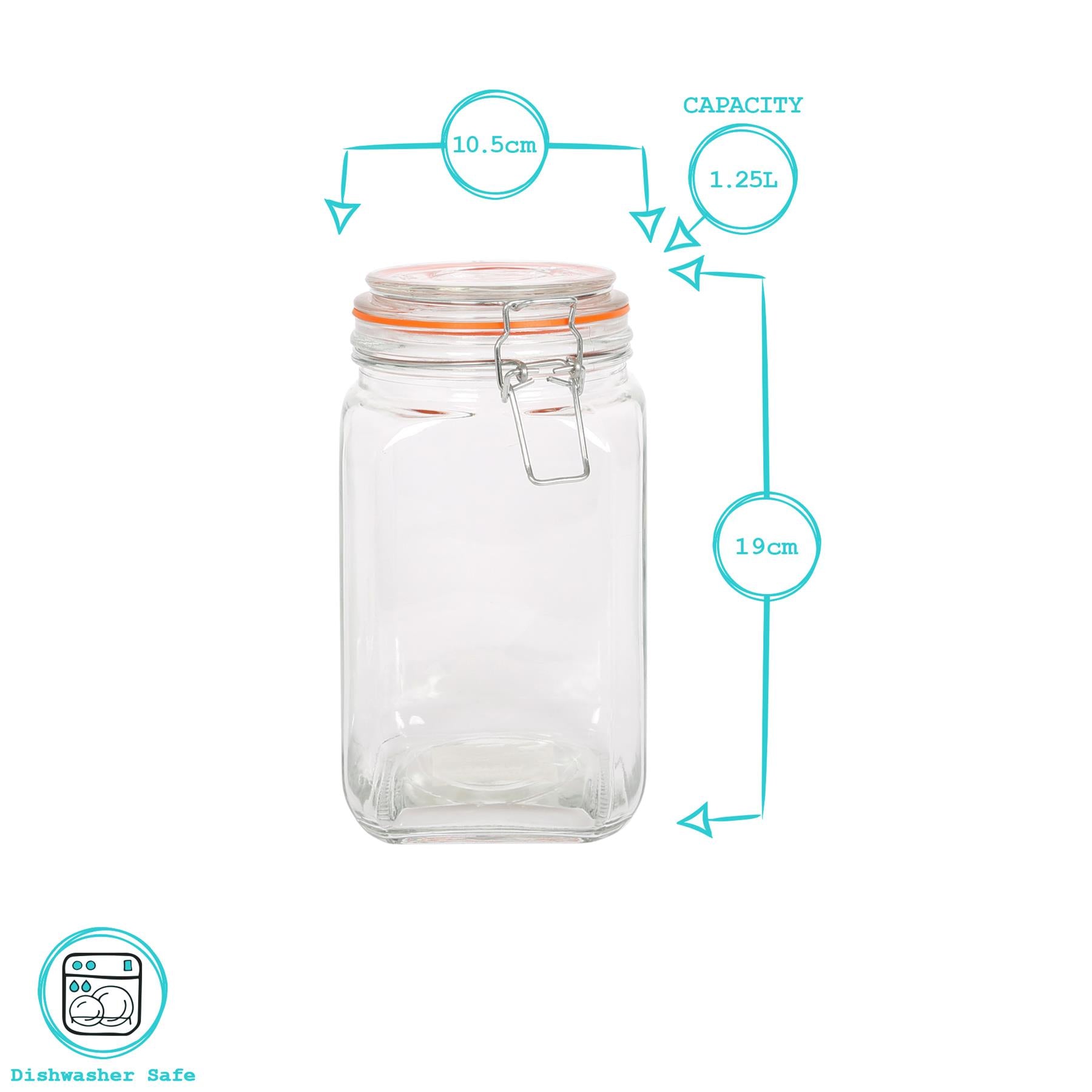 1.25L Square Glass Jars with Clip-Top Lids - Pack of Three