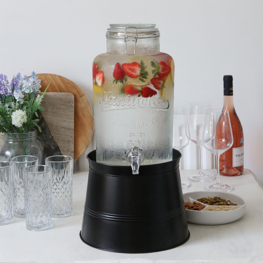 6.5L Glass Drinks Dispenser with Tap &amp; Black Stand Bucket Stand