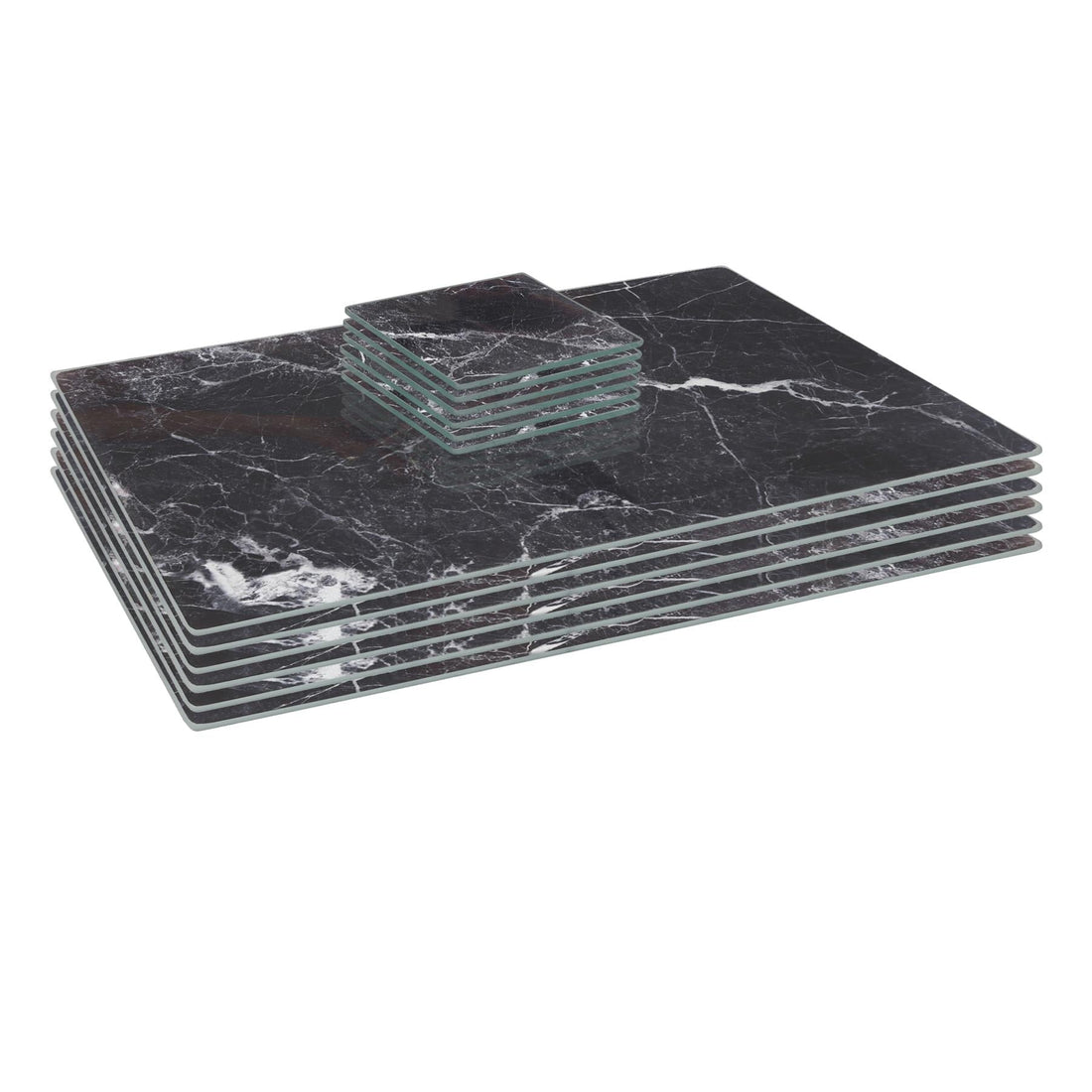 Black Marble-Effect 12-Piece Rectangular Glass Placemats &amp; Square Coasters Set - 40cm x 30cm
