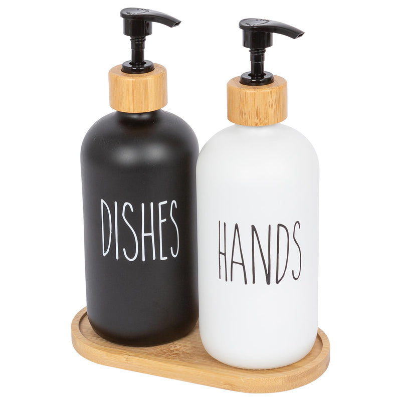 2pc Glass Hand & Dish Soap Dispenser Set with Bamboo Tray - 500ml - White/Black - By Harbour Housewares