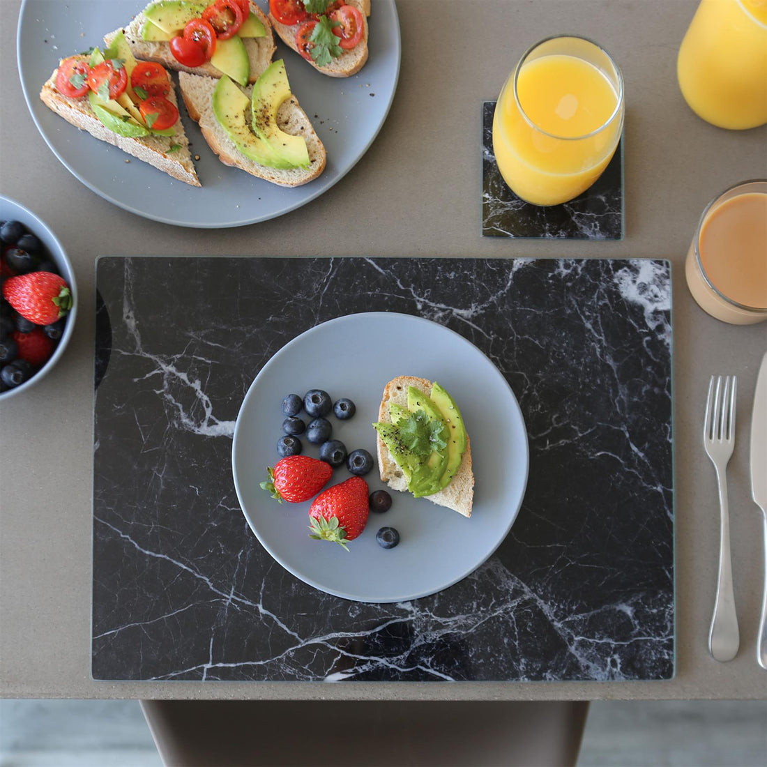 Black Marble-Effect 12-Piece Rectangular Glass Placemats &amp; Square Coasters Set - 40cm x 30cm