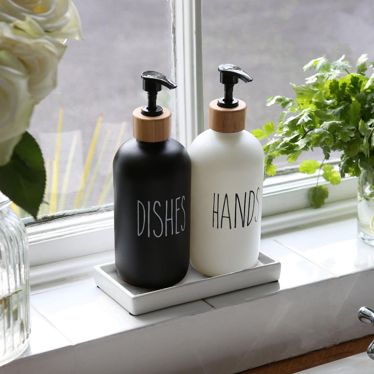 2pc Glass Hand &amp; Dish Soap Dispenser Set with Ceramic Tray - 500ml