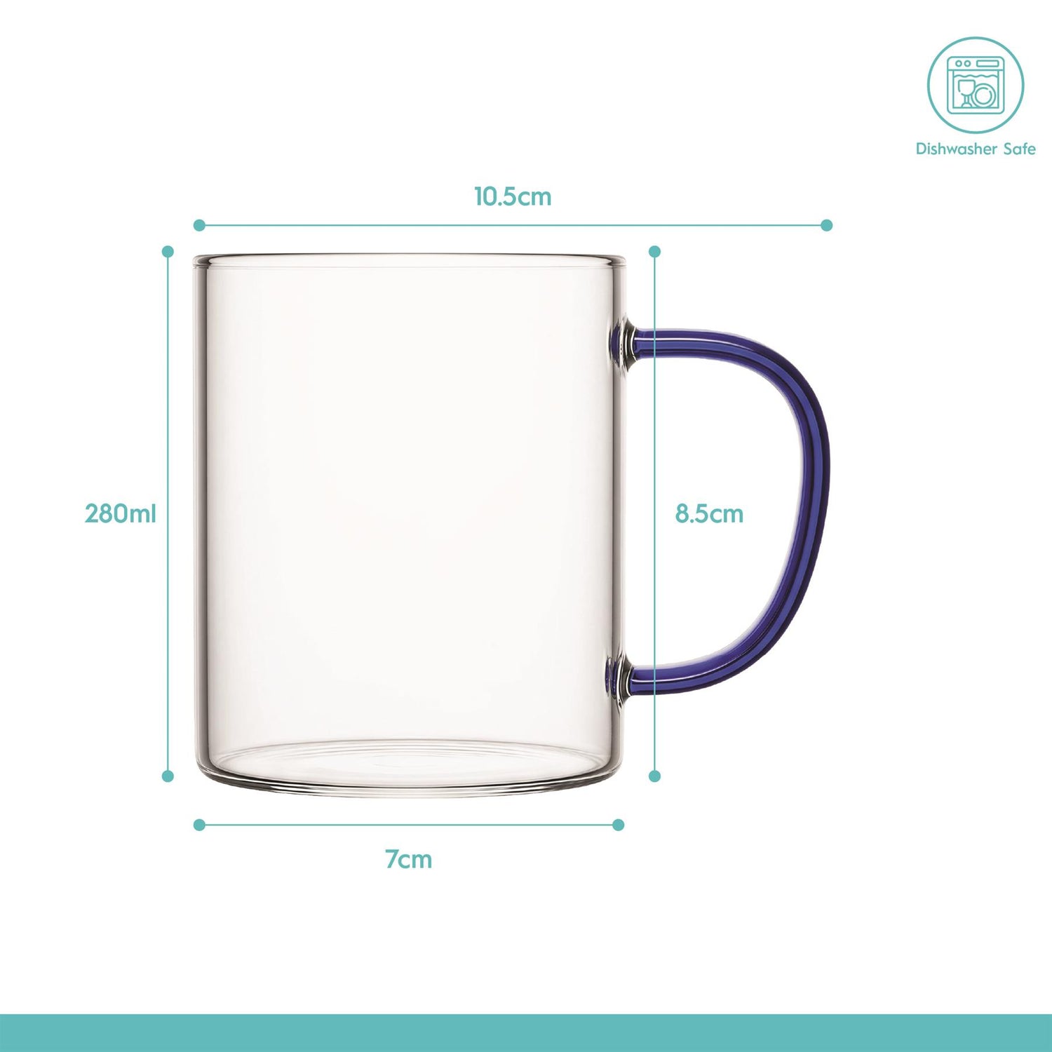 6 Piece 280ml Glass Mugs Set - Coloured Handle