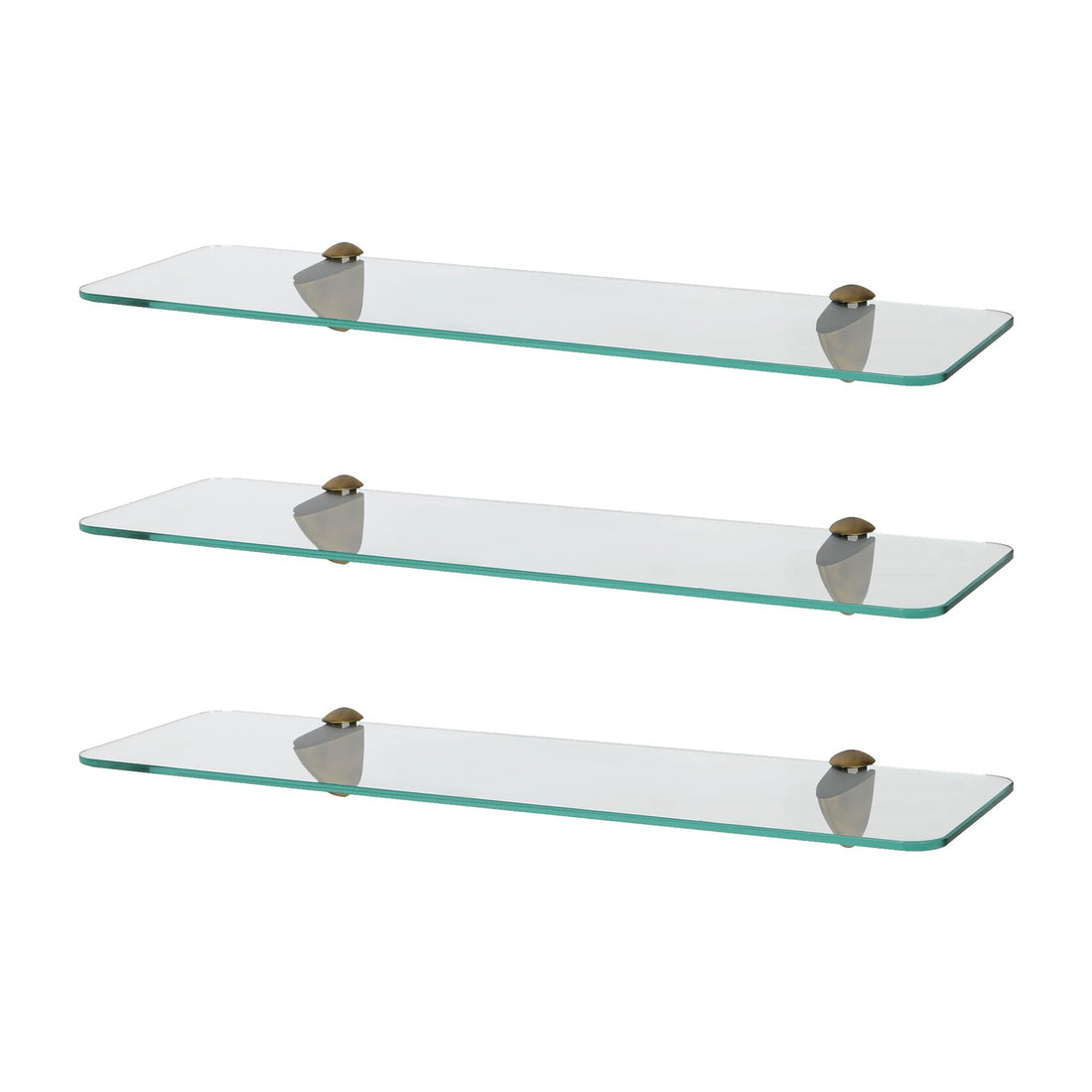 50cm Rounded Floating Glass Bathroom Shelves with Gold Brackets - Pack of 3
