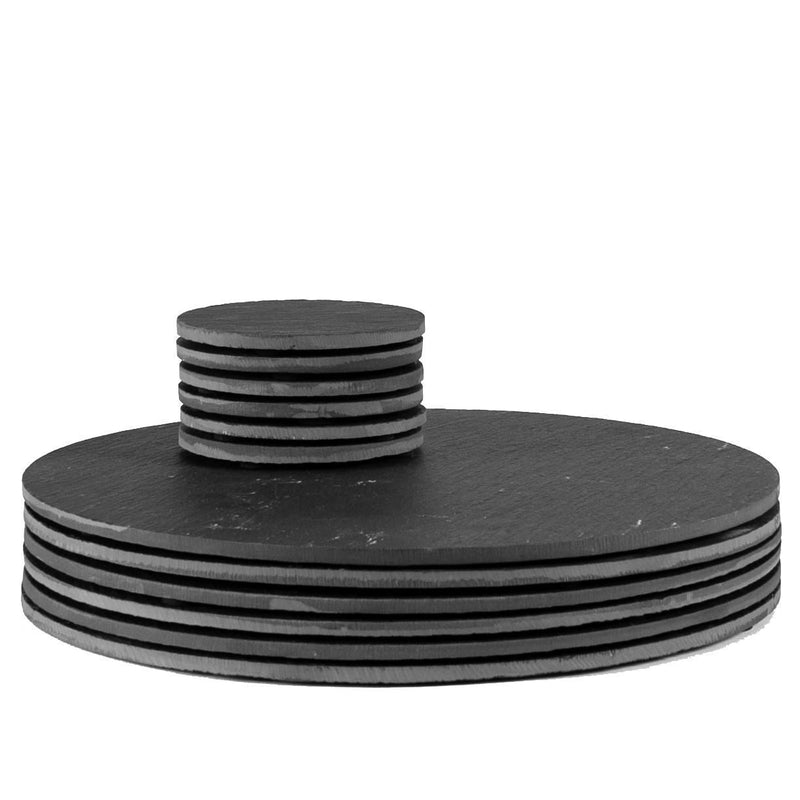 12pc Black Round Linea Slate Placemats & Coasters Set - By Argon Tableware