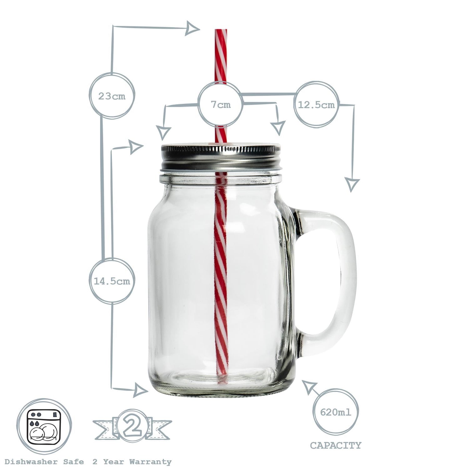 620ml Jam Jar Drinking Glasses with Lids &amp; Straws - Pack of Four