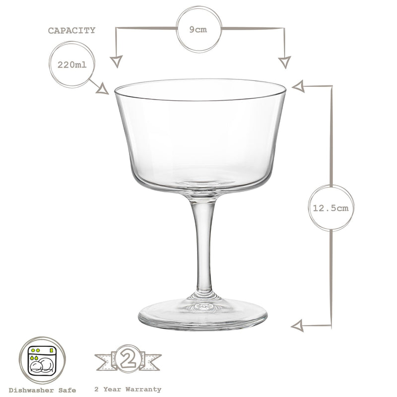 220ml Bartender Novecento Glass Champagne Saucers - Pack of 6 - By Bormioli Rocco