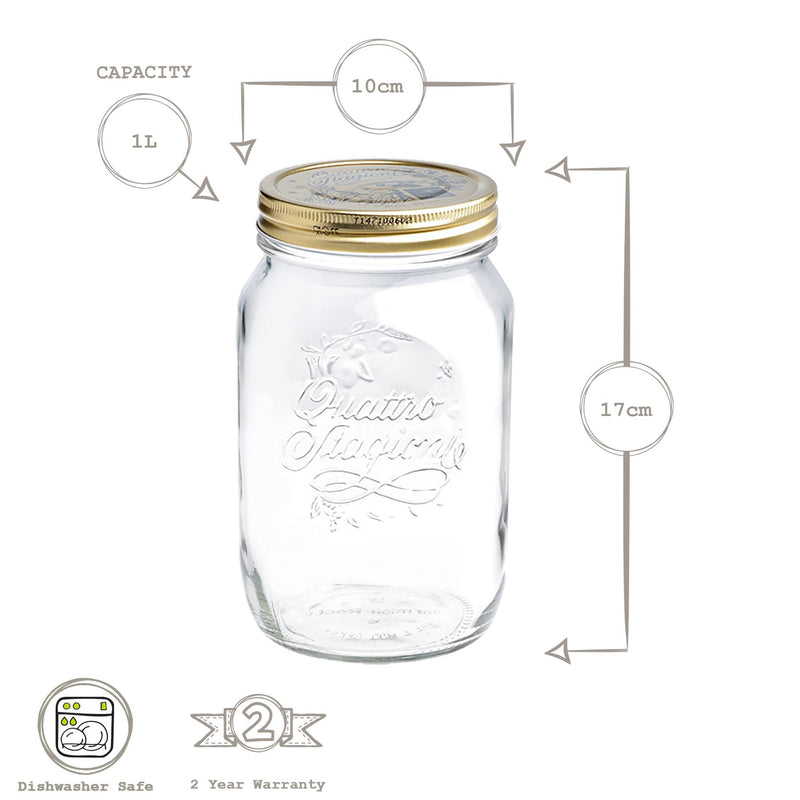 1L Quattro Stagioni Glass Food Preserving Jars - Pack of 3 - By Bormioli Rocco