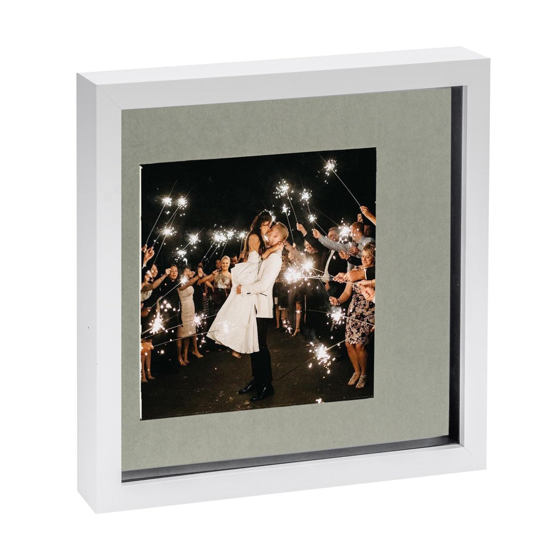 White 10" x 10" Shadow Box Photo Frame with 6" x 6" Grey Mount &amp; Black Spacer