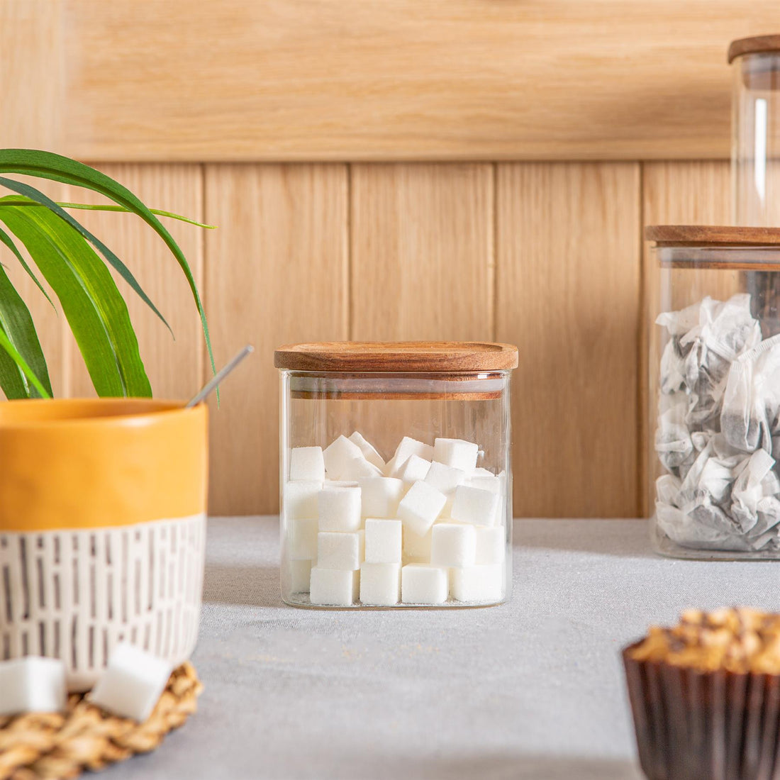 680ml Square Glass Storage Jar with Wooden Lid