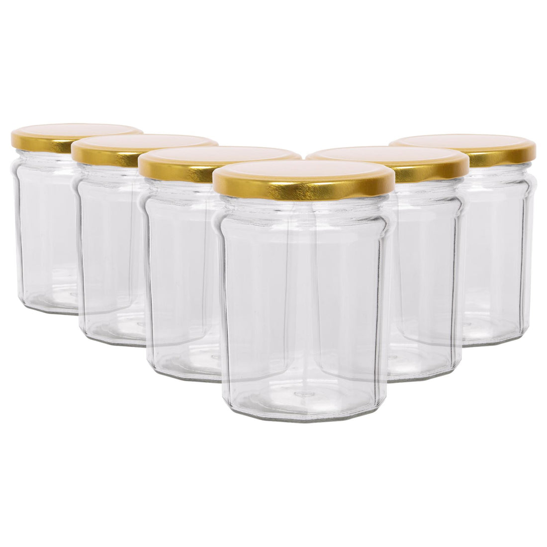 380ml Octagonal Glass Jam Jars with Gold Screw-Top Lids - Pack of 6