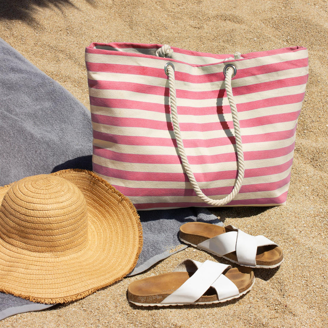Large Bubblegum Striped Canvas Beach Tote Bag