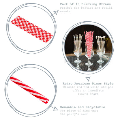 23cm Red Stripe Reusable Plastic Drinking Straws - Pack of 10