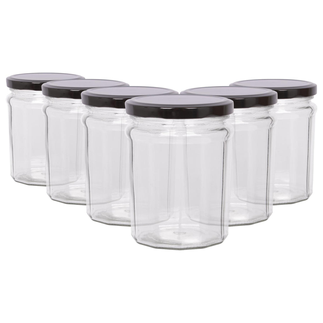 380ml Octagonal Glass Jam Jars with Black Screw-Top Lids - Pack of 6