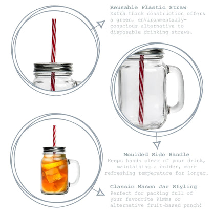 450ml Jam Jar Drinking Glasses with Lids &amp; Straws - Pack of Four