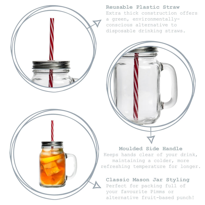 Jam Jar Drinking Glasses with Lids & Straws - 450ml - Pack of 4 - By Rink Drink