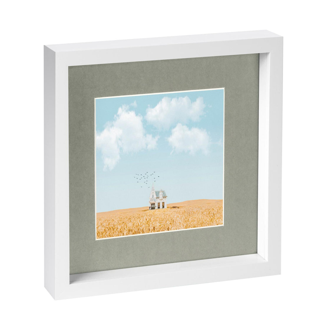 White 10" x 10" Shadow Box Photo Frame with 6" x 6" Grey Mount &amp; White Spacer