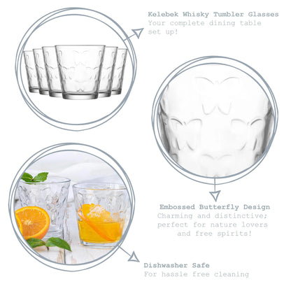 325ml Kelebek Embossed Butterfly Tumbler Glasses - Pack of Six